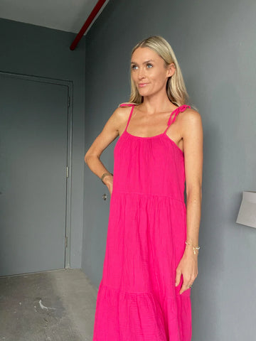 Rory Gauze Tiered Dress in Hot Pink