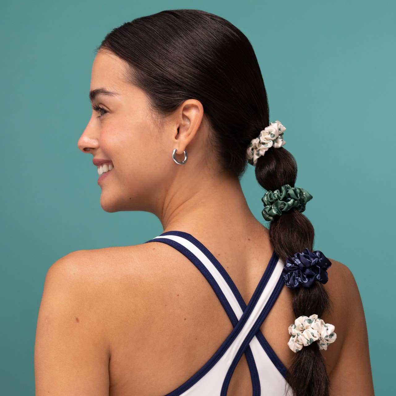 Ruched Satin Scrunchies 5pc Set - Cream, Court Green &amp; Navy Blue