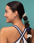 Ruched Satin Scrunchies 5pc Set - Cream, Court Green & Navy Blue