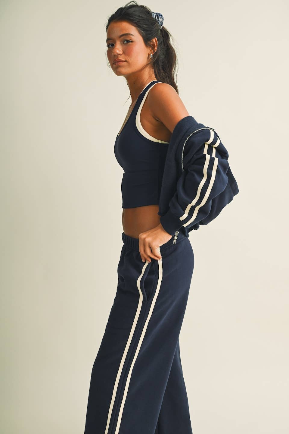 Side Stripe Cropped Zip Up Hoodie