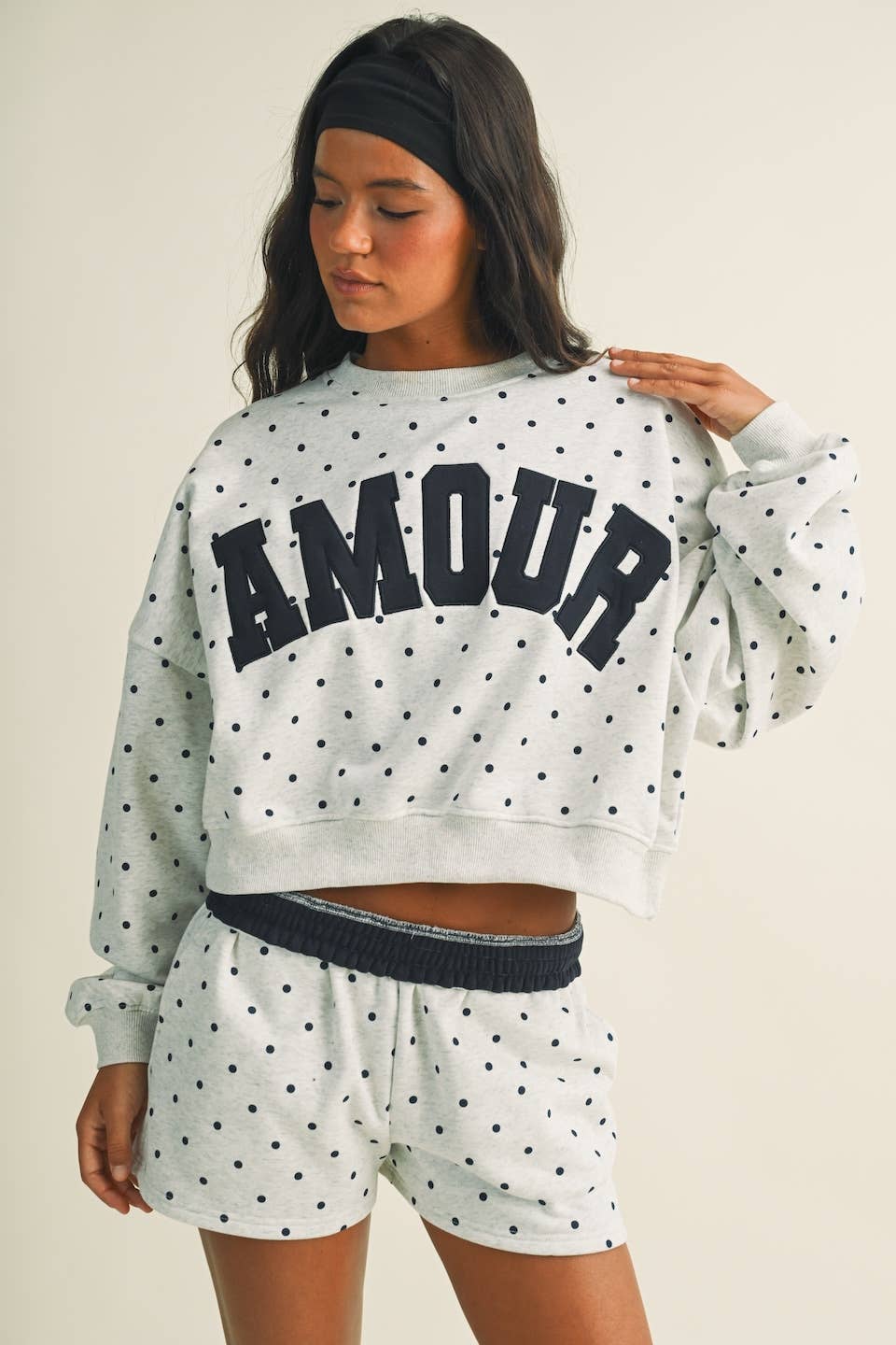 Amour Polka Dot Print Crewneck Crop Sweatshirt