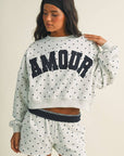 Amour Polka Dot Print Crewneck Crop Sweatshirt