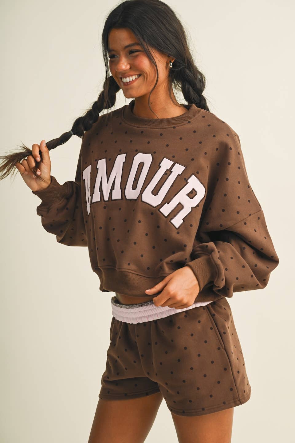 Amour Polka Dot Print Crewneck Crop Sweatshirt