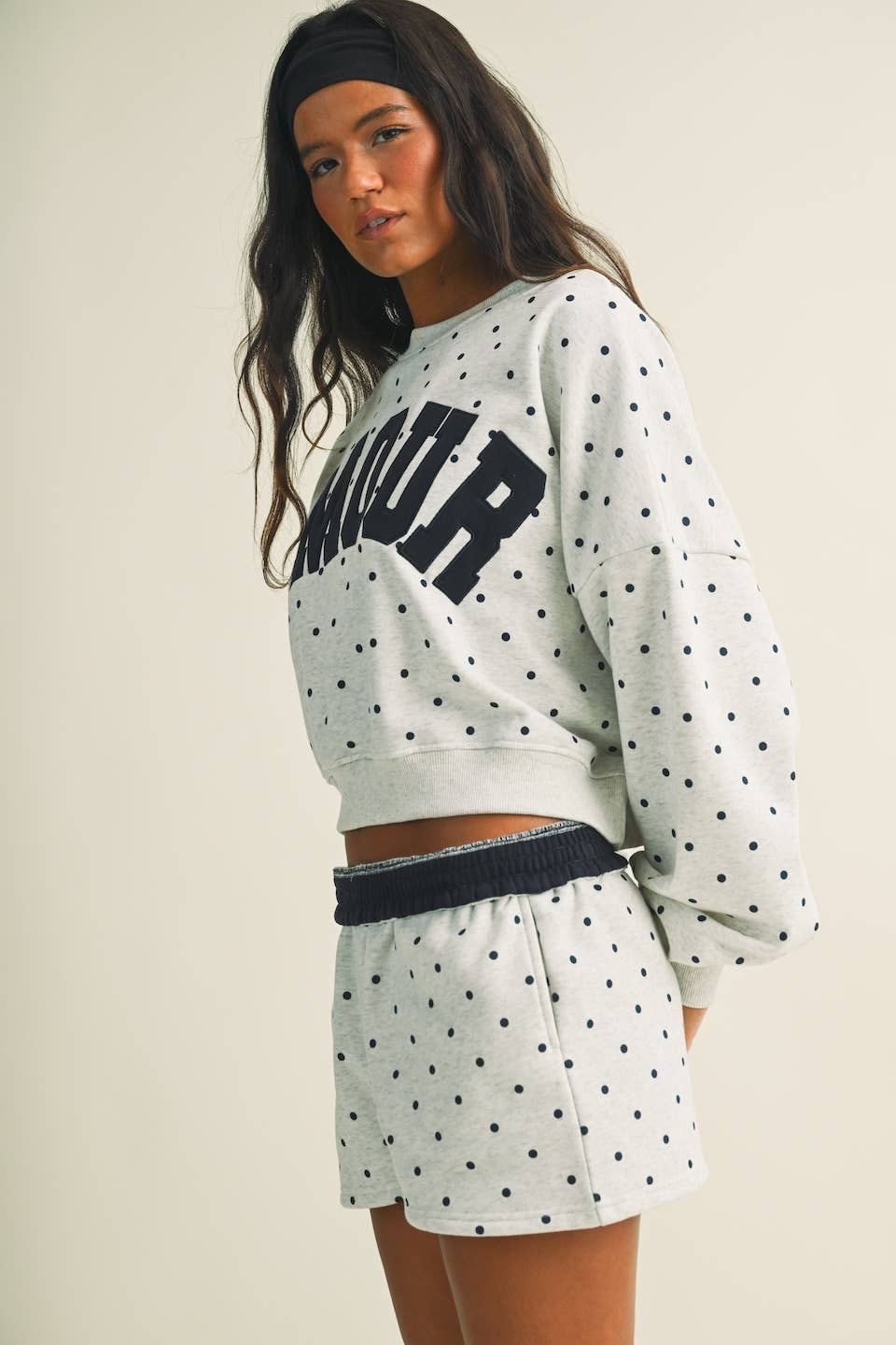 Amour Polka Dot Print Crewneck Crop Sweatshirt
