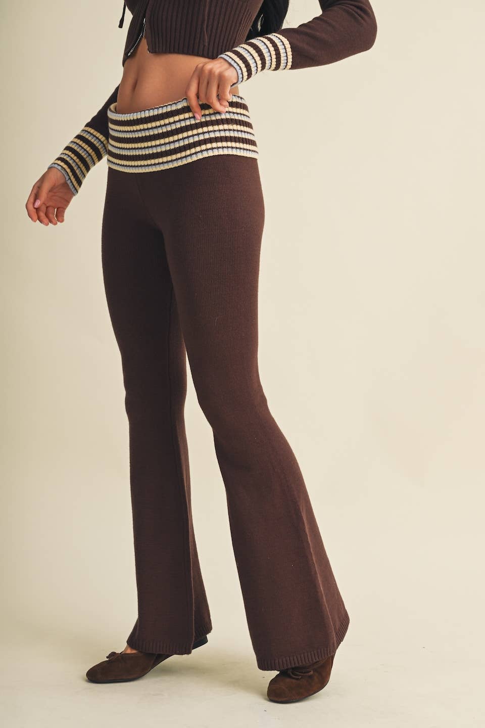 Striped Foldover Flare Knit Sweater Pants