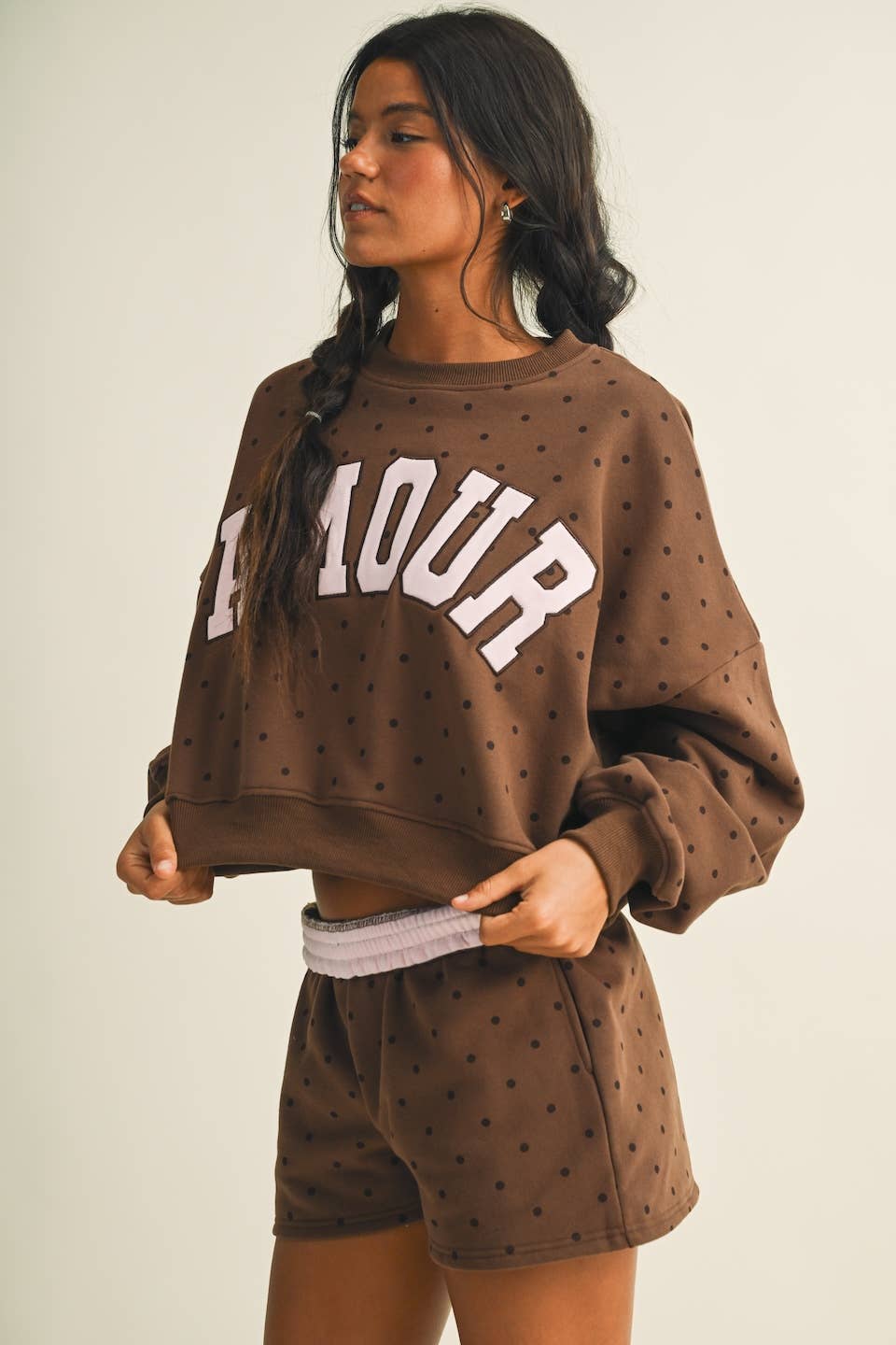 Amour Polka Dot Print Crewneck Crop Sweatshirt