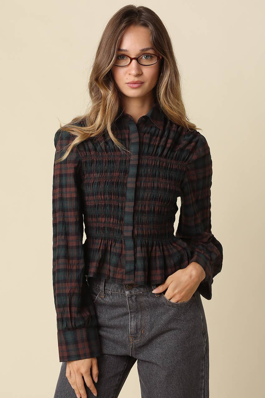 Nila Smocked Plaid Peplum Blouse
