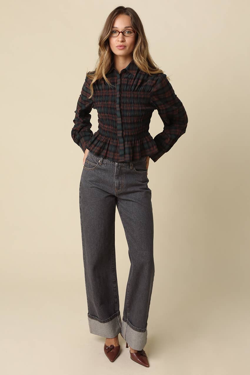 Nila Smocked Plaid Peplum Blouse