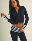 Slim Fit Zip Up Knit Sweater Hoodie with Striped Cuffs