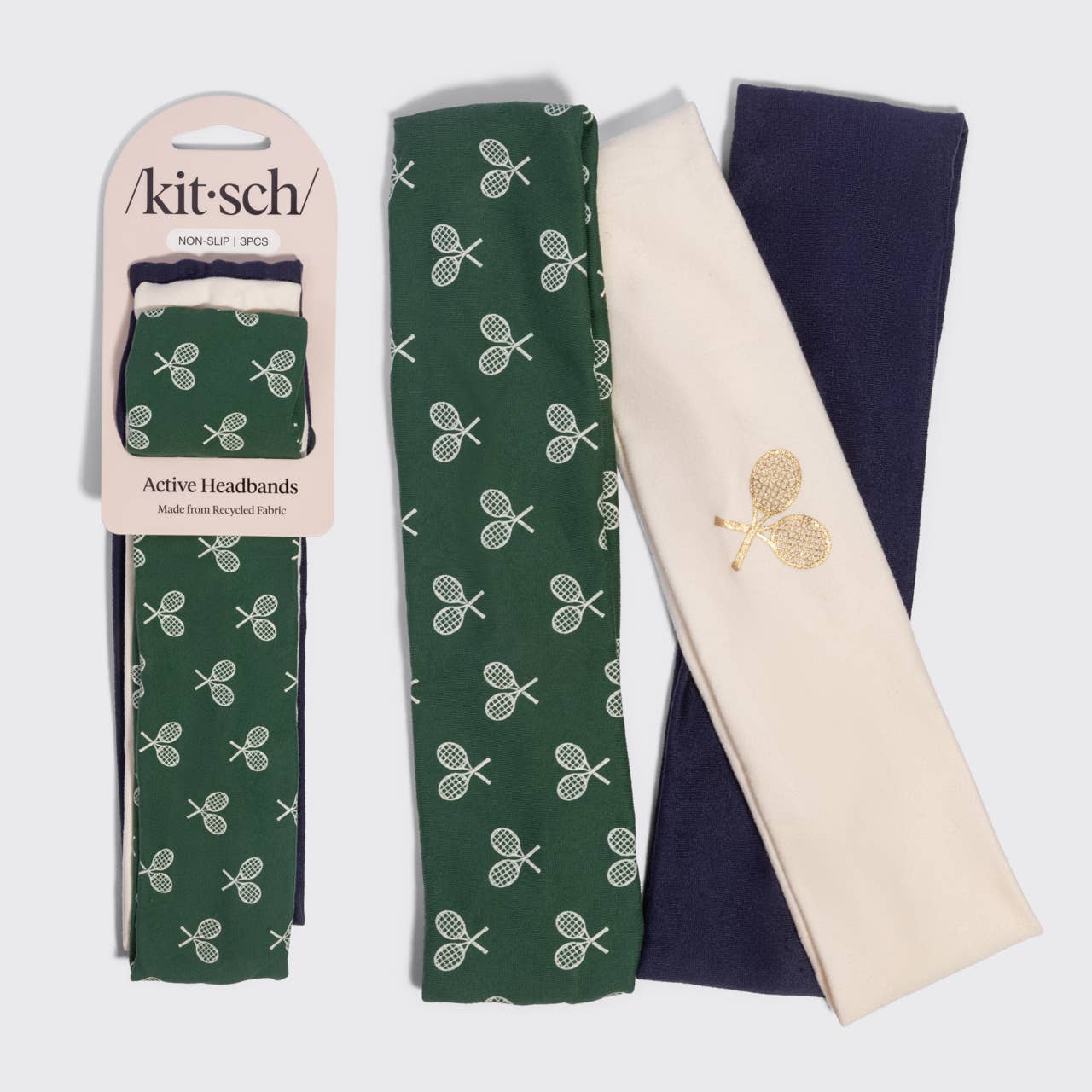 Recycled Fabric Active Headbands 3pc Set- Cream, Court Green &amp; Navy Blue