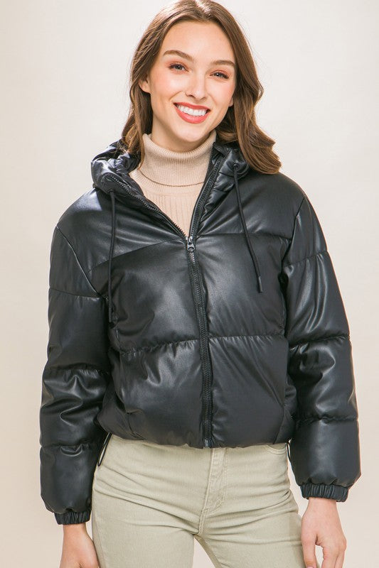 Faux Leather Hooded Puffer Coat – SANITY
