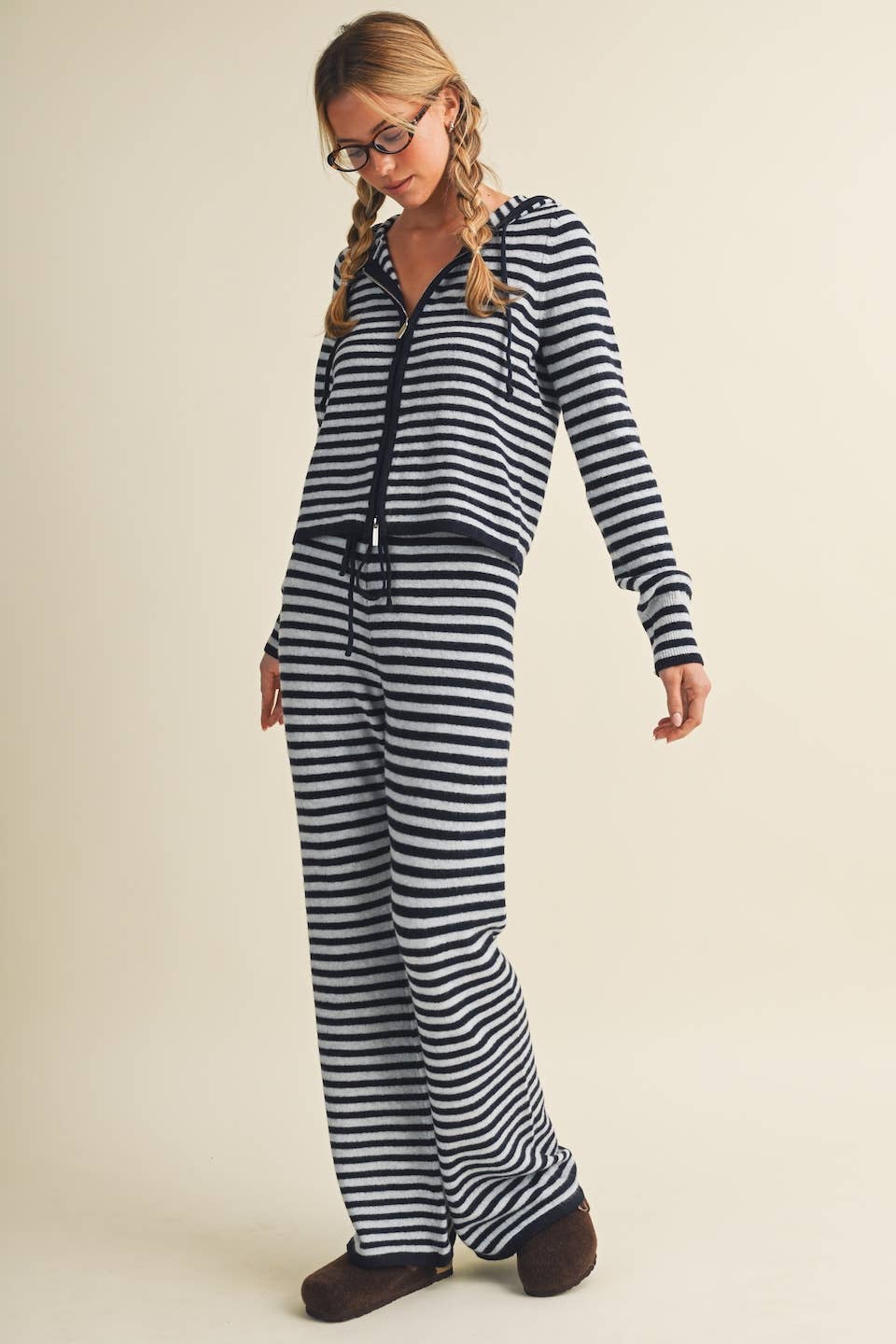 Striped Relaxed Zip Up Knit Sweater Hoodie