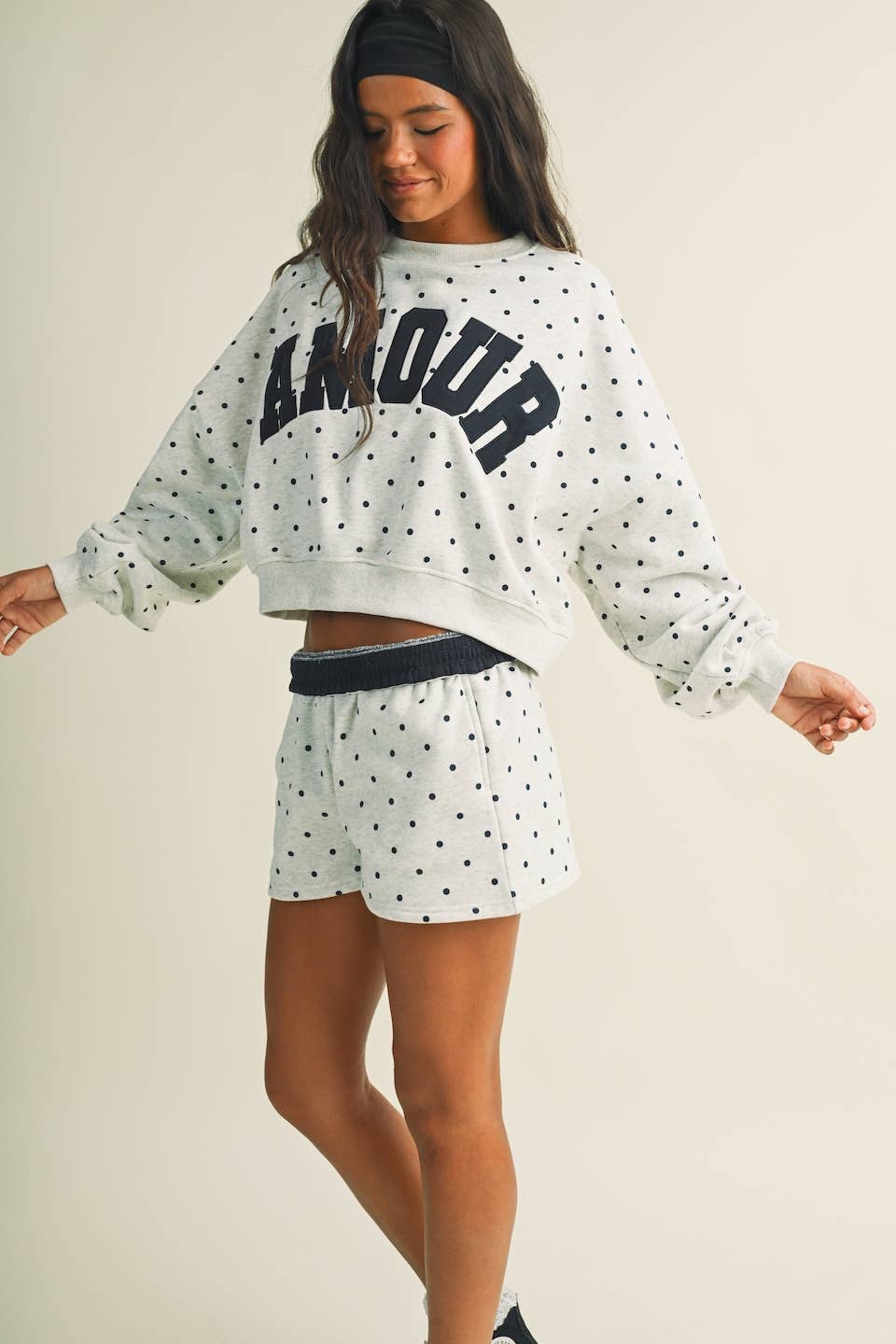 Amour Polka Dot Print Crewneck Crop Sweatshirt