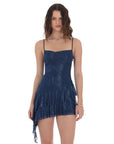 Lucy in the Sky Foil Mesh Tassel Dress in Blue