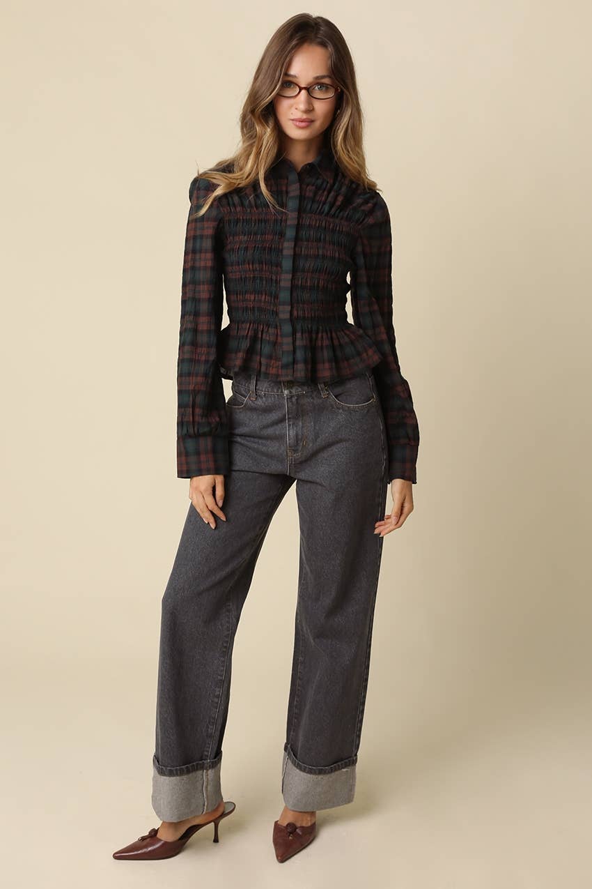 Nila Smocked Plaid Peplum Blouse
