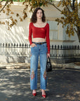 Emmy Embroidered Wide Leg Jeans with Raw Hem