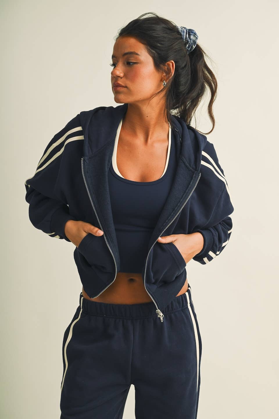 Side Stripe Cropped Zip Up Hoodie