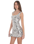 Lucy in the Sky Circle Sequin Square Neck Dress in Silver