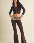 Slim Fit Zip Up Knit Sweater Hoodie with Striped Cuffs