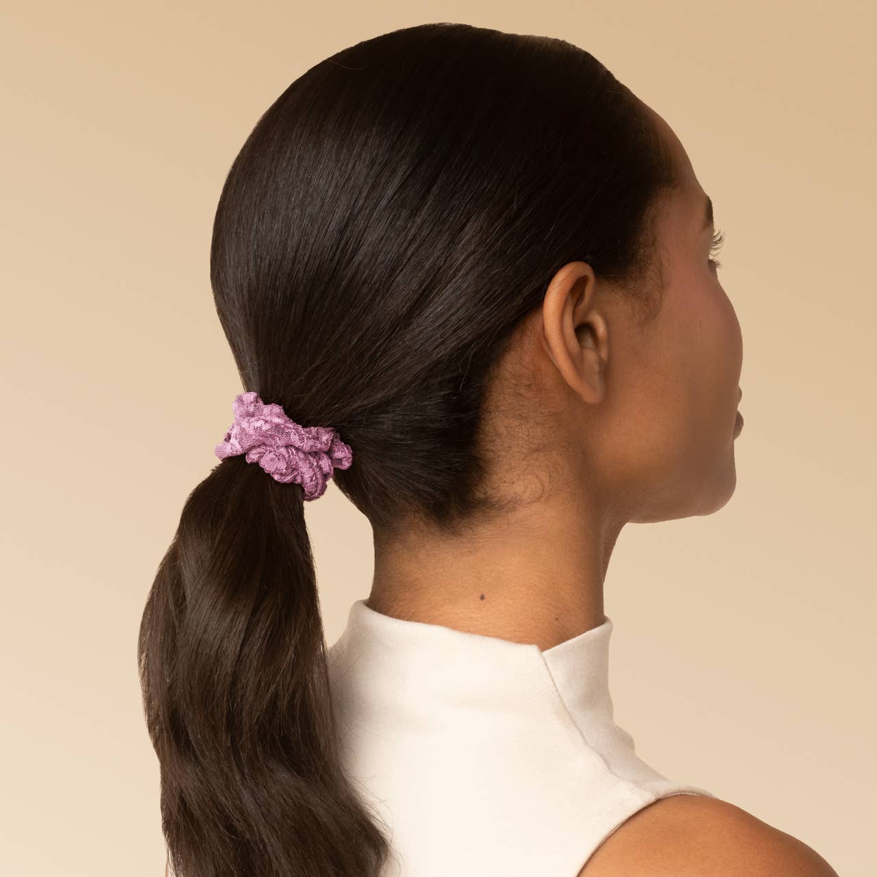 Ruched Lace Scrunchies 5pc Set - Cherry Lacquer &amp; Dusty Pink