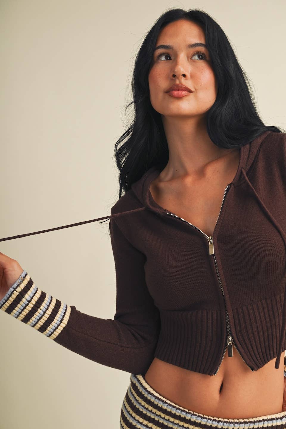 Slim Fit Zip Up Knit Sweater Hoodie with Striped Cuffs