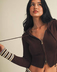 Slim Fit Zip Up Knit Sweater Hoodie with Striped Cuffs