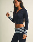 Slim Fit Zip Up Knit Sweater Hoodie with Striped Cuffs