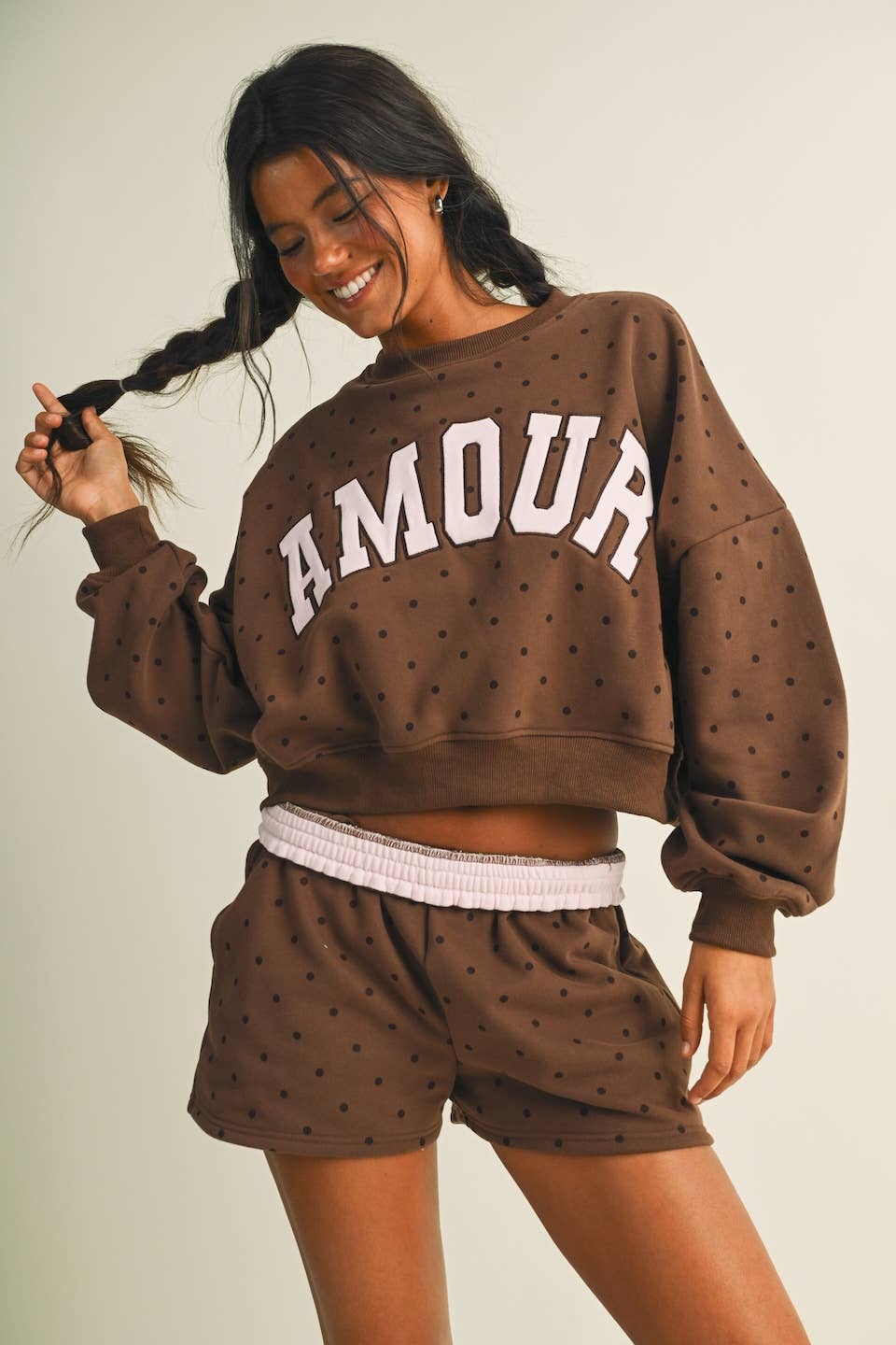 Amour Polka Dot Print Crewneck Crop Sweatshirt