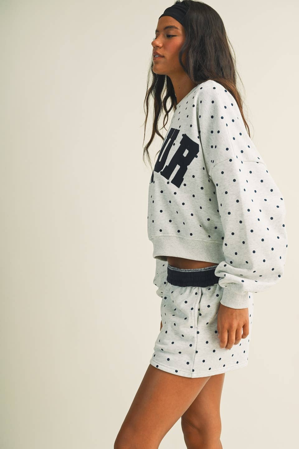 Amour Polka Dot Print Crewneck Crop Sweatshirt