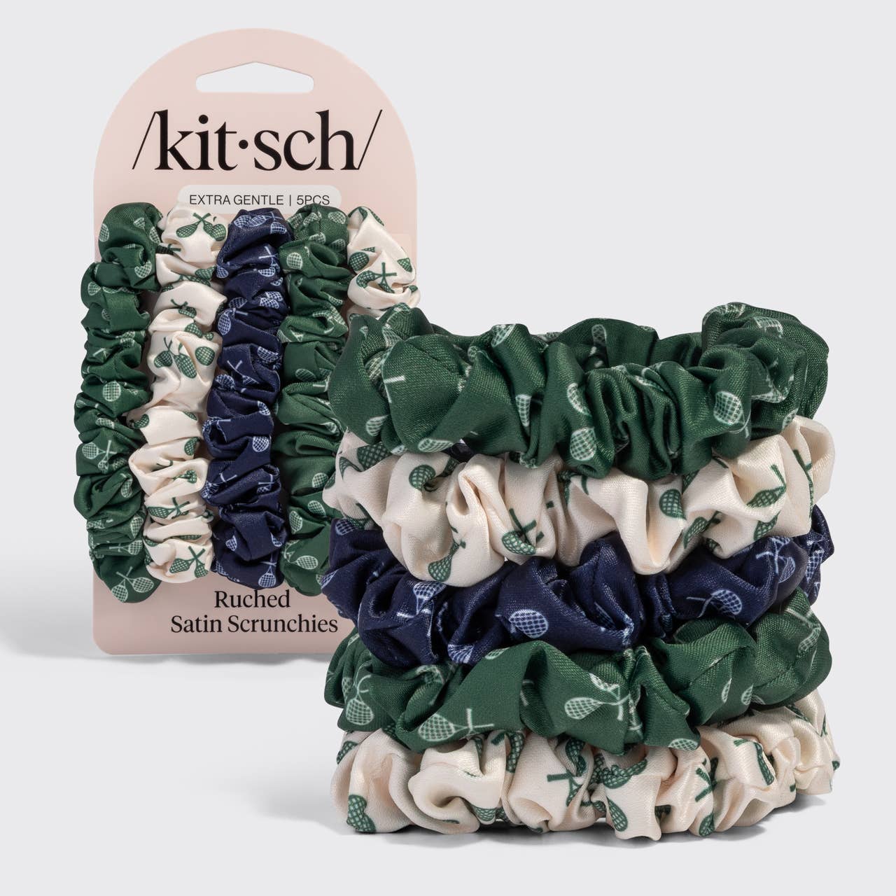 Ruched Satin Scrunchies 5pc Set - Cream, Court Green &amp; Navy Blue