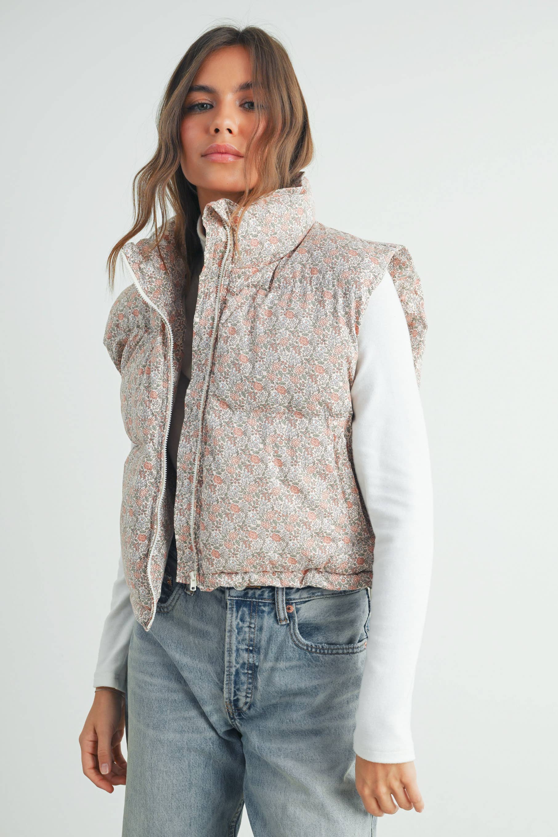 High Neck Floral Puffer Vest