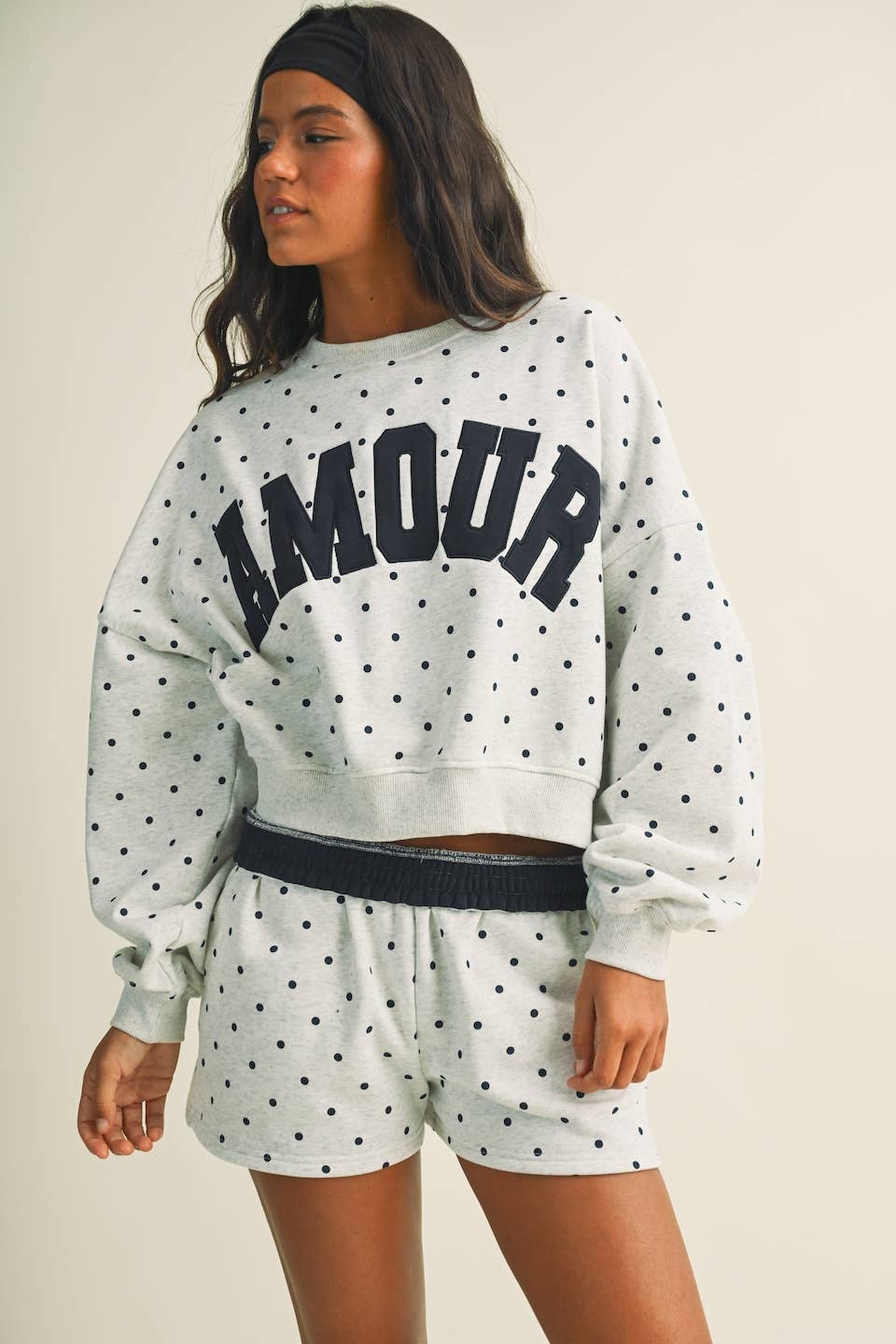 Amour Polka Dot Print Crewneck Crop Sweatshirt