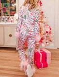 Christmas Themed Pajama Set with Feather Cuffs