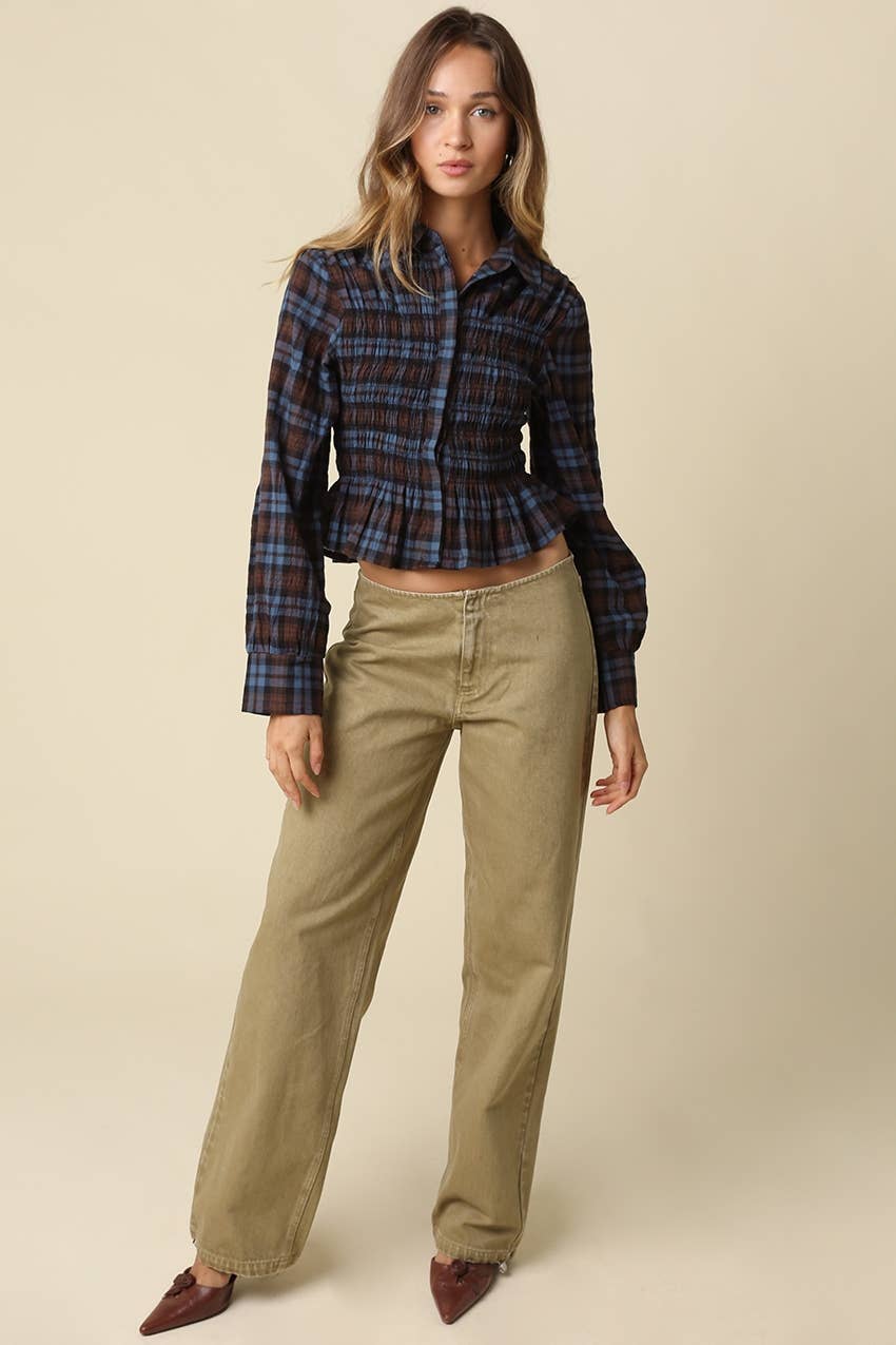 Nila Smocked Plaid Peplum Blouse