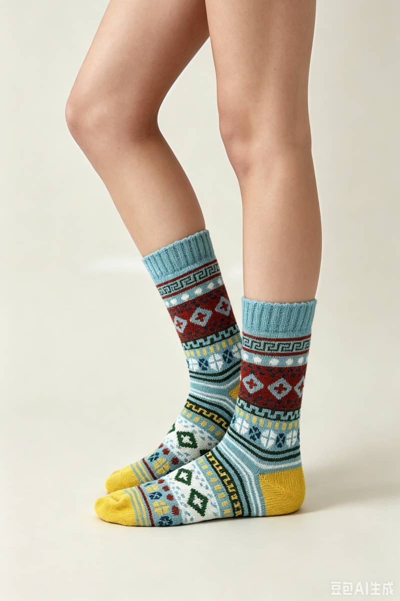 Retro Geometric Knit Crew Socks Winter Warm Ethnic Socks