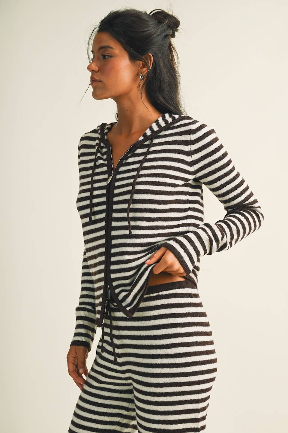 Striped Relaxed Zip Up Knit Sweater Hoodie