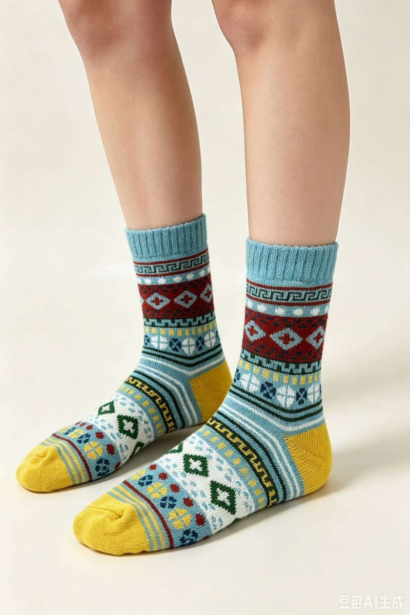 Retro Geometric Knit Crew Socks Winter Warm Ethnic Socks
