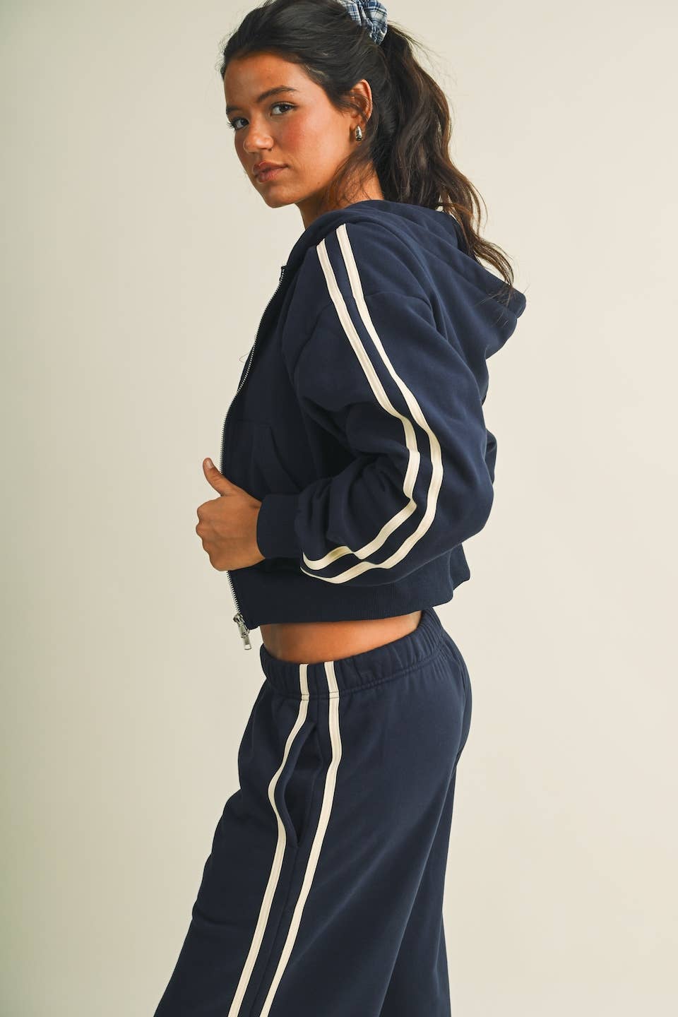 Side Stripe Cropped Zip Up Hoodie