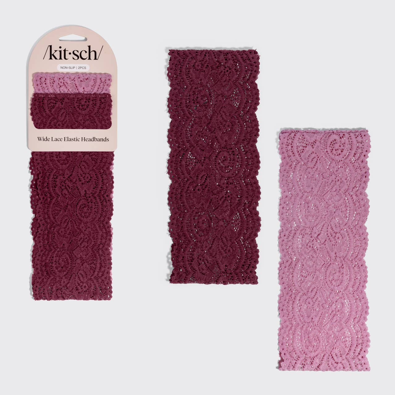 Wide Lace Elastic Headbands 2pc Set - Cherry Lacquer &amp; Dusty Pink