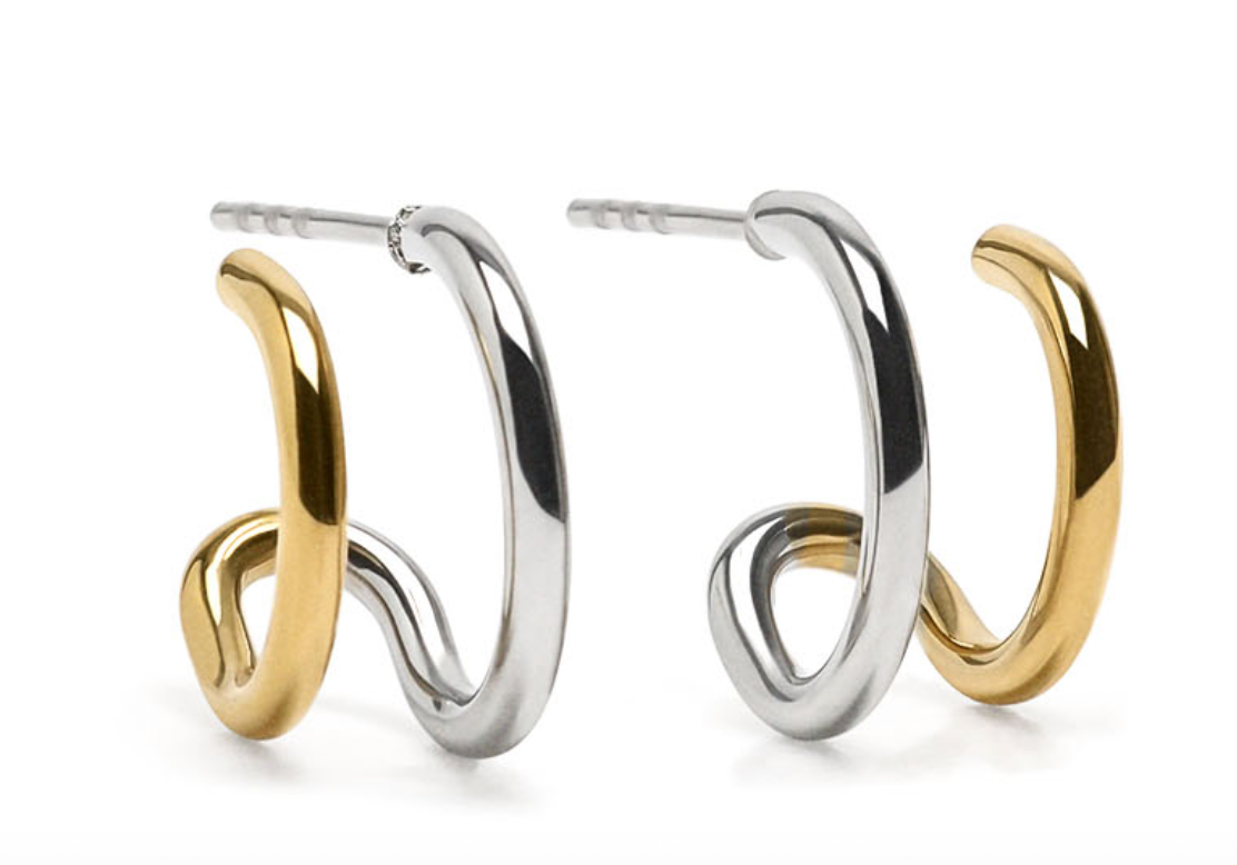 Double Huggie Hoop- TwoTone Steel earrings  18K Gold PVD