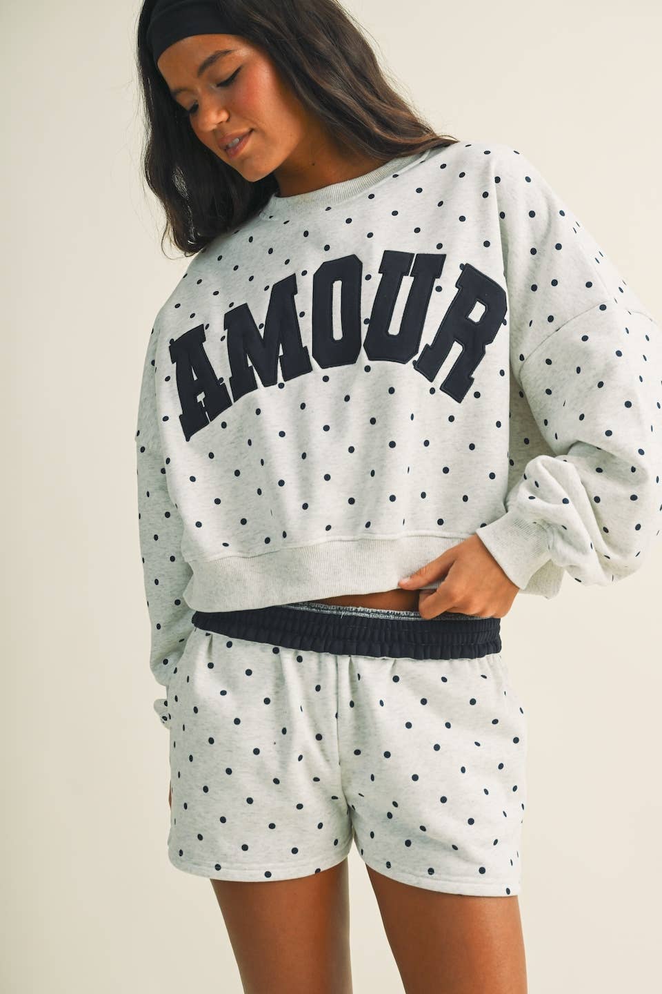 Amour Polka Dot Print Crewneck Crop Sweatshirt