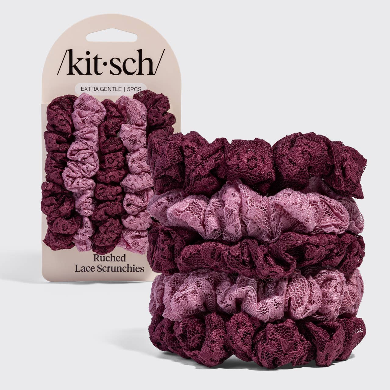 Ruched Lace Scrunchies 5pc Set - Cherry Lacquer &amp; Dusty Pink