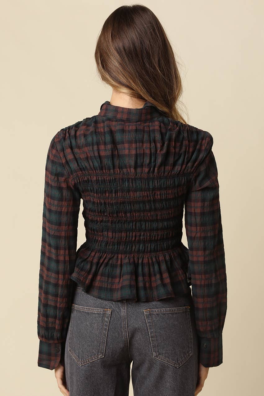 Nila Smocked Plaid Peplum Blouse
