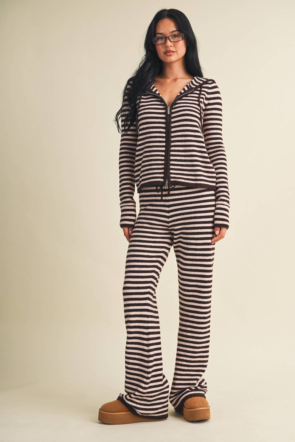 Striped Relaxed Zip Up Knit Sweater Hoodie