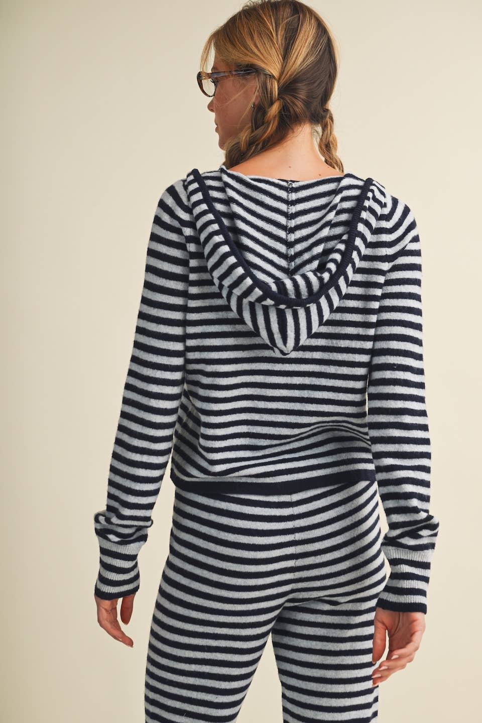 Striped Relaxed Zip Up Knit Sweater Hoodie