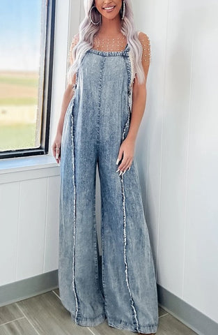 Washed Raw Edge Wide Leg Jumpsuit