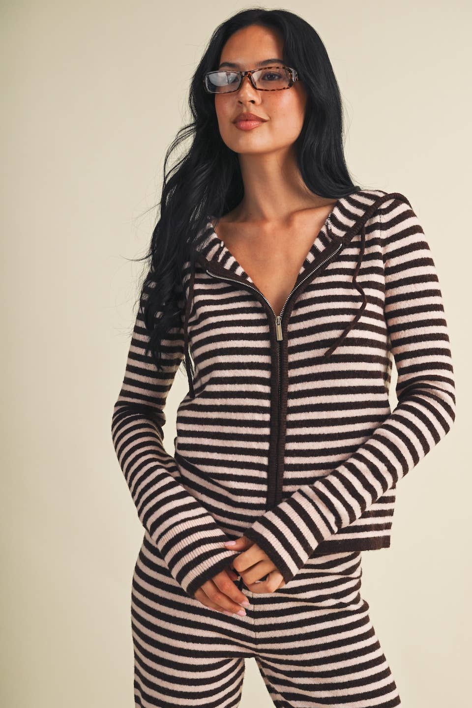 Striped Relaxed Zip Up Knit Sweater Hoodie