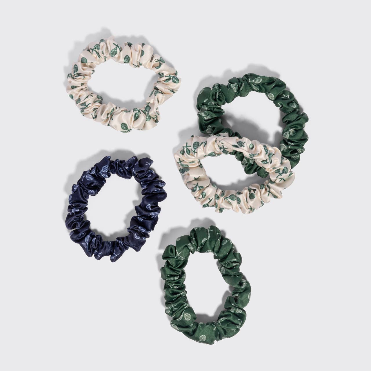 Ruched Satin Scrunchies 5pc Set - Cream, Court Green &amp; Navy Blue
