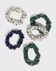 Ruched Satin Scrunchies 5pc Set - Cream, Court Green & Navy Blue