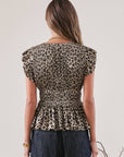 Smocked V-Neck Peplum Blouse - Leopard